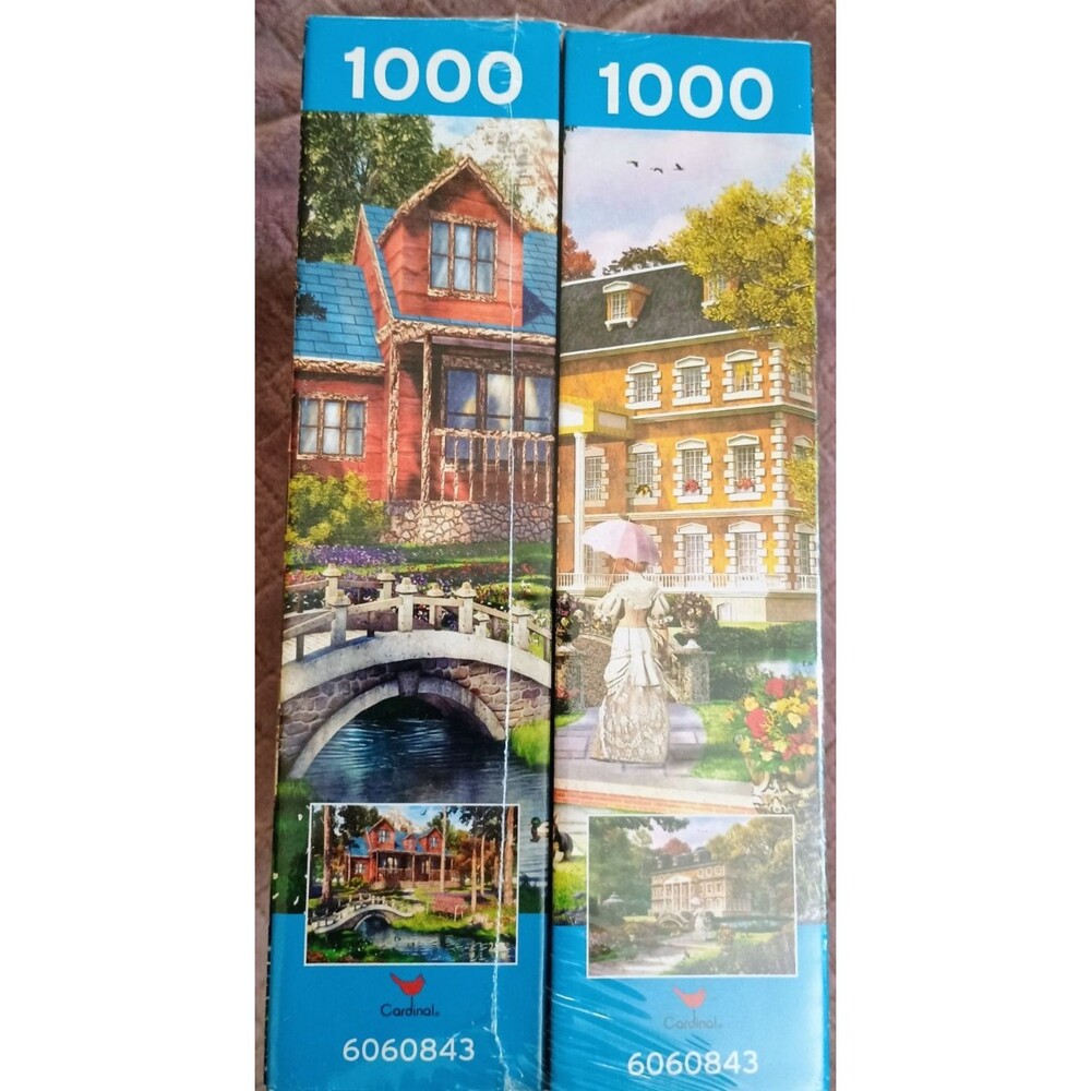 2 Cardinal 1000 Piece Jigsaw Puzzles Sealed Cabin Bridge & Grand Estate Garden